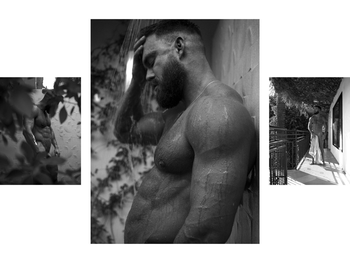 Spread 5 of 7 from Descanso: three photographs of a muscular, bearded man, a close portrait under water and distant figures outdoors; black and white.