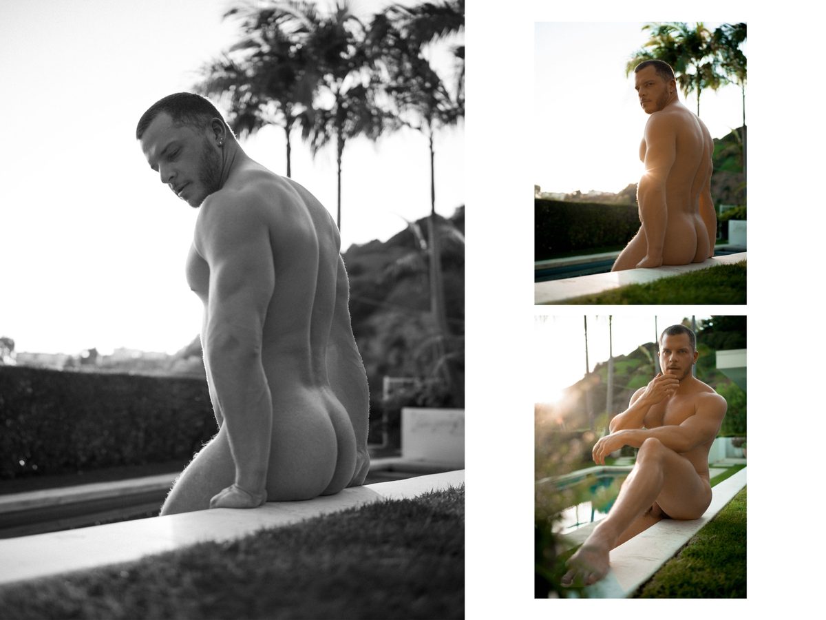 Spread 5 of 10 from Beverly Hills: three photographs of a nude man seated poolside, seen from behind and in profile with arms around his knee; black and white and colour.