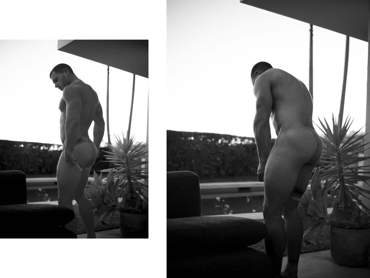 Spread 6 of 10 from Beverly Hills: two photographs of a nude man outdoors at dusk, bending forward beside potted plants; black and white.