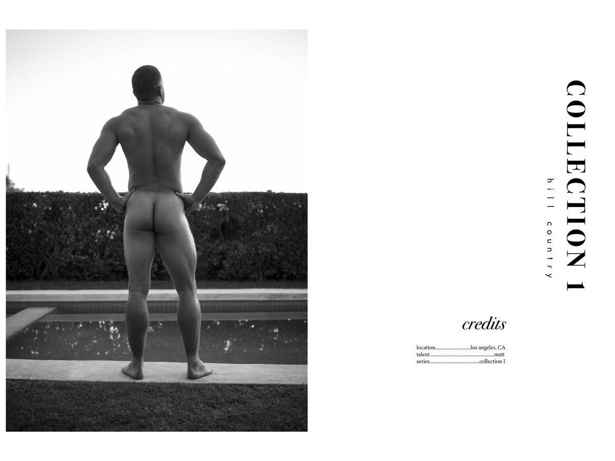 Spread 10 of 10 from Beverly Hills: a nude man stands poolside, seen from behind with hands at his waist, beside the collection's title and credits; black and white.