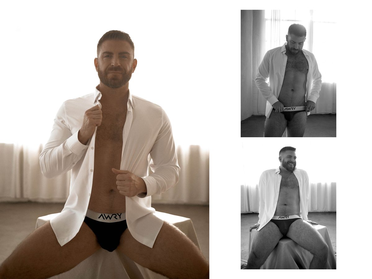 Spread 8 of 10 from Studio Sessions: three photographs of a bearded man in an open white shirt and briefs, standing and seated; colour and black and white.