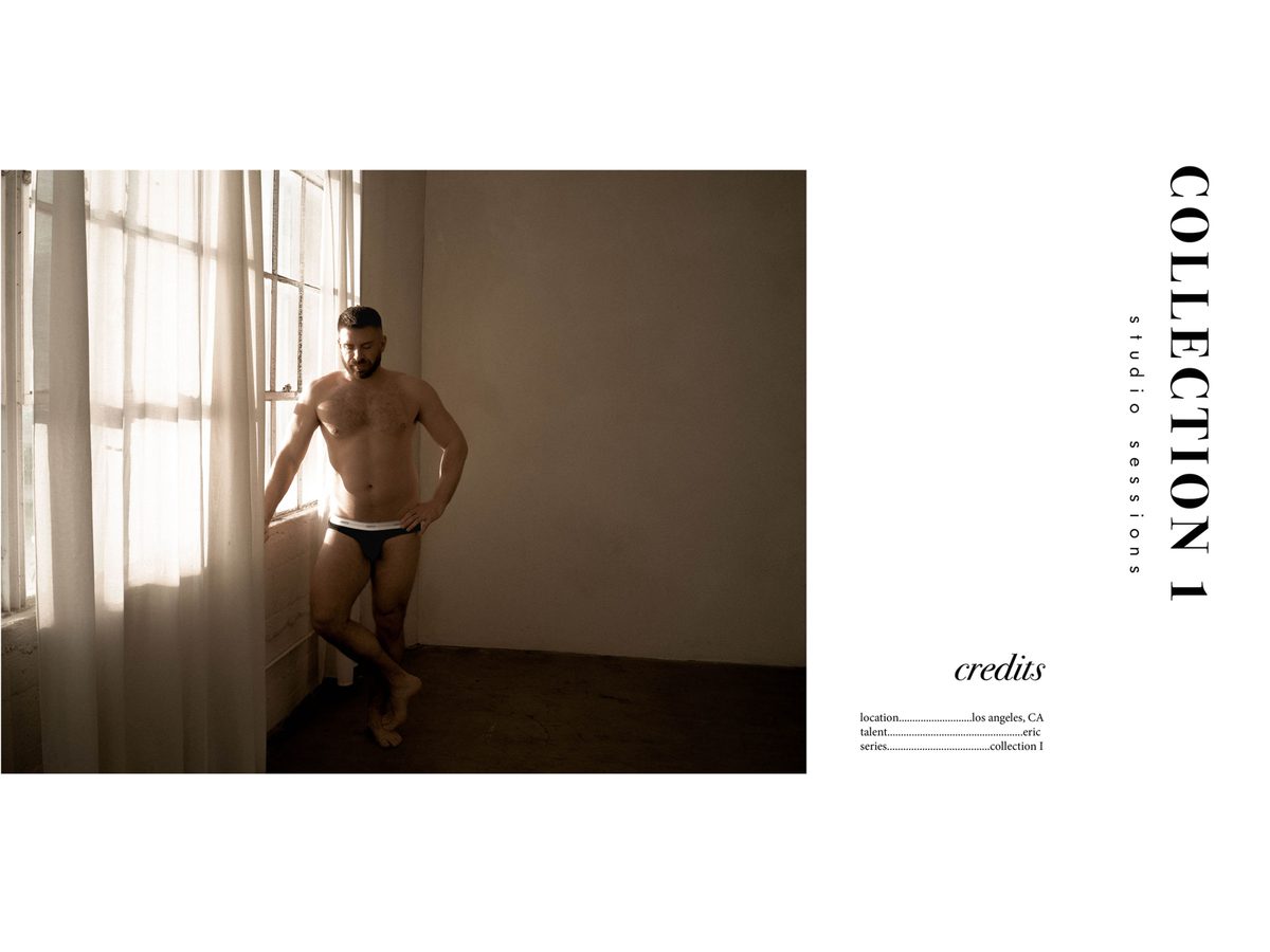 Spread 10 of 10 from Studio Sessions: a bearded man in briefs stands by a curtained window, beside the collection's title and credits; colour.