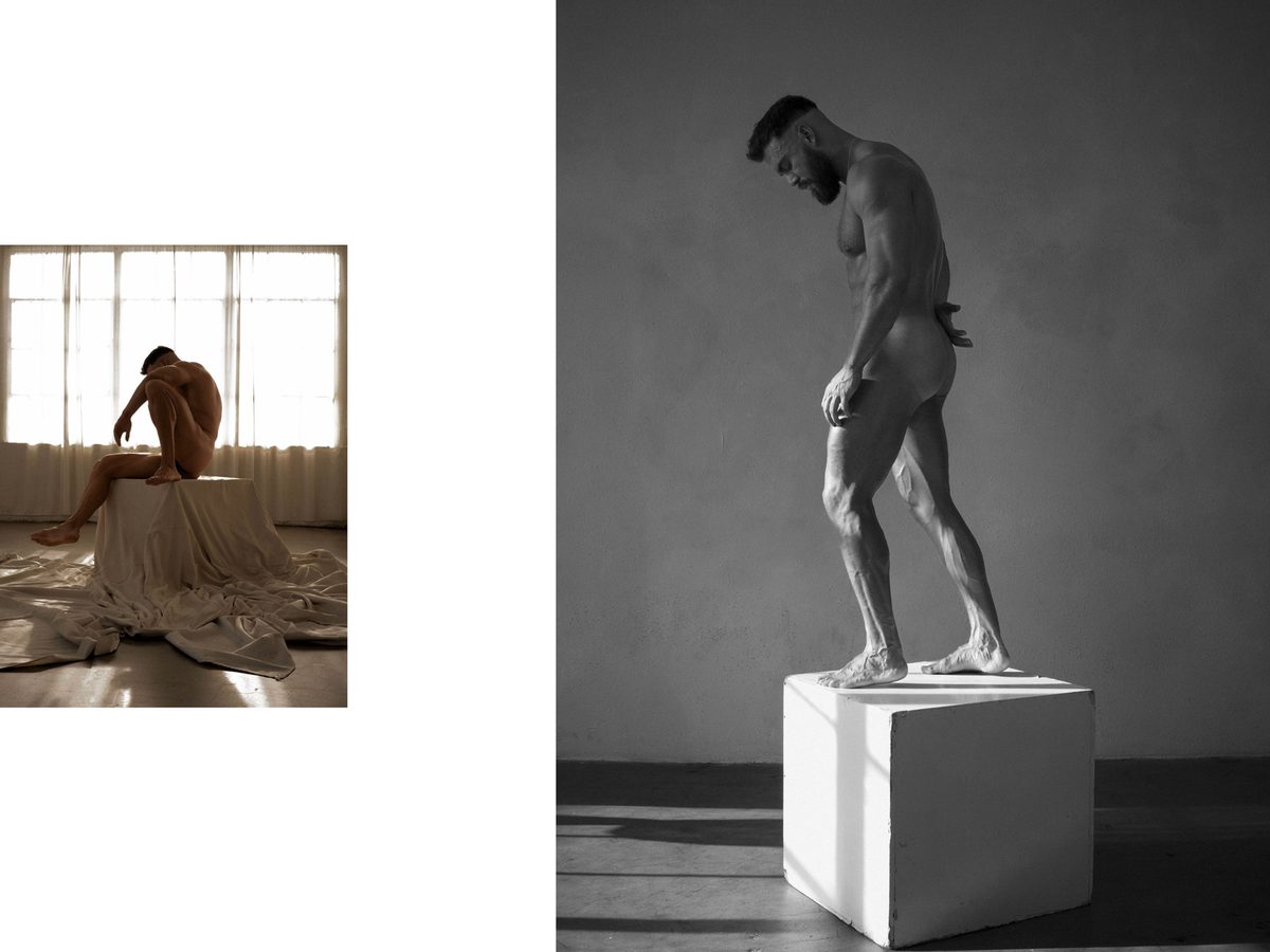 Spread 6 of 10 from Ancient Forms: two photographs of a nude man, seated wrapped in fabric and standing on a pedestal in a studio; colour and black and white.