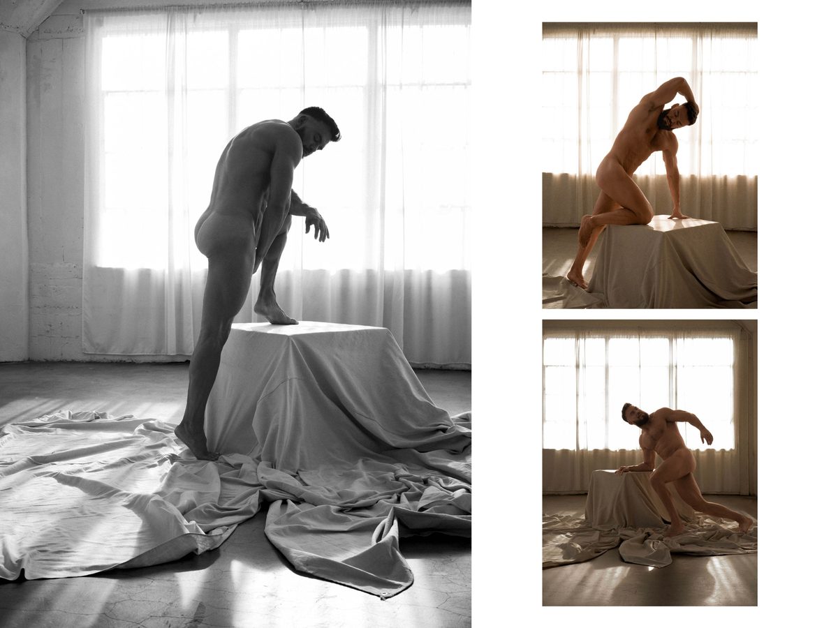 Spread 7 of 10 from Ancient Forms: three photographs of a nude man draped in white fabric, bending and kneeling by a window; black and white.