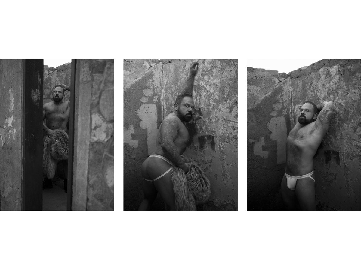Spread 4 of 6 from Scorpion Gultch, AZ: three photographs of a bearded man in a jockstrap and fur, posed against ruined walls; black and white.