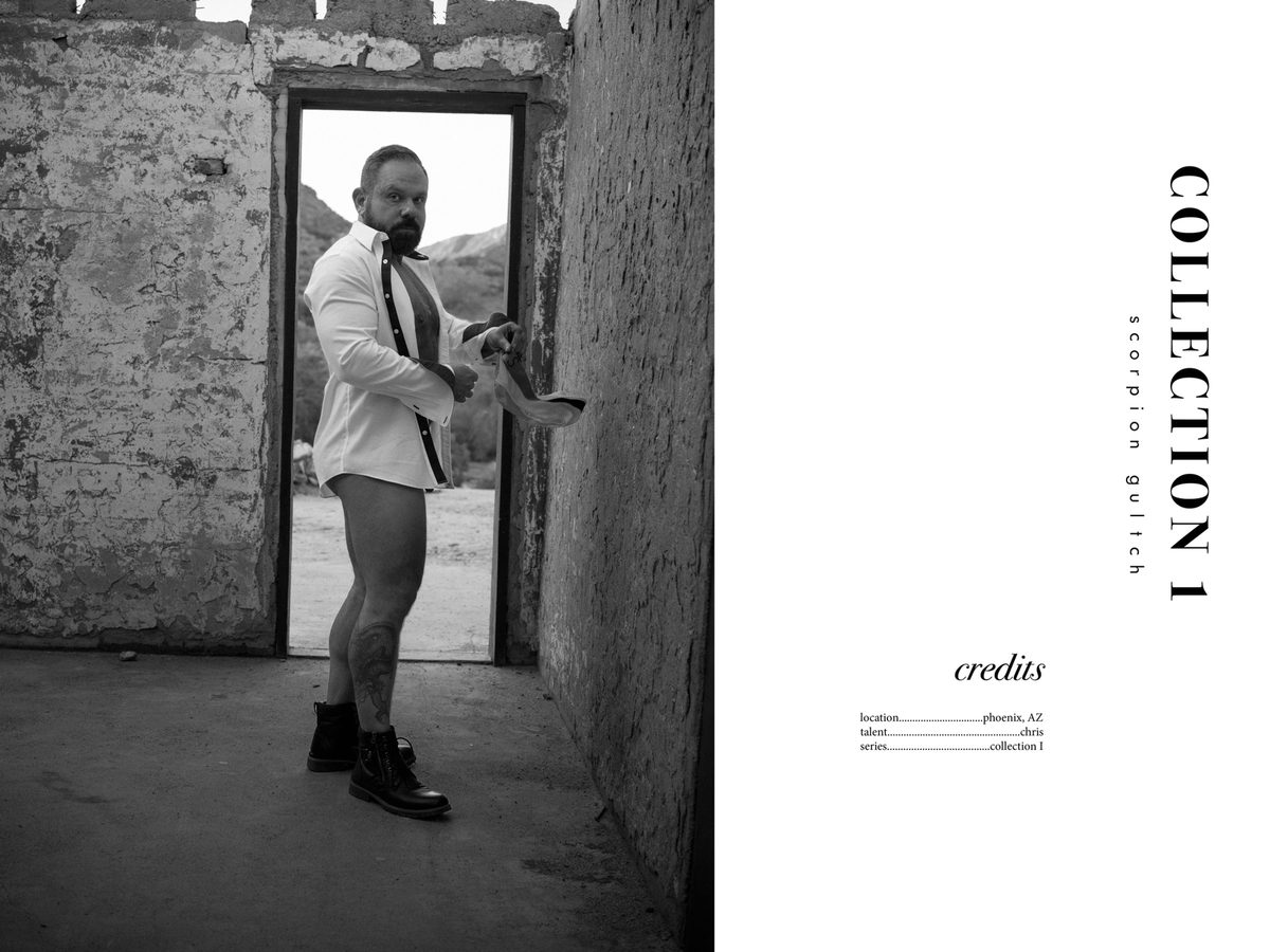 Spread 6 of 6 from Scorpion Gultch, AZ: a bearded man in a white shirt stands in a ruined doorway, beside the collection's title and credits; black and white.