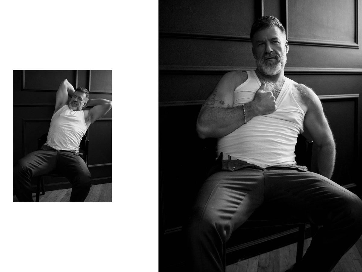 Spread 2 of 8: two photographs of a bearded, grey-haired man in a tank top, seated with arm behind his head; black and white.