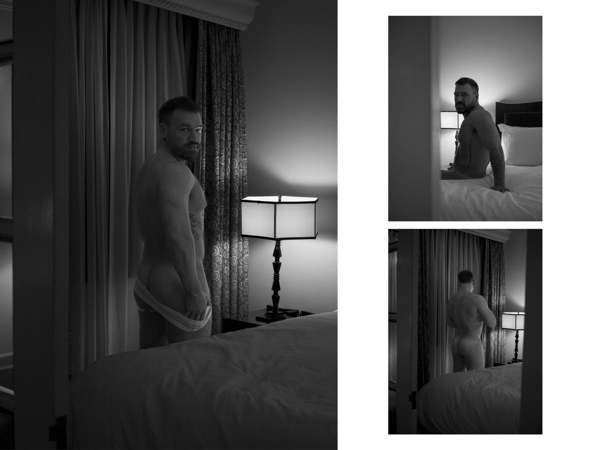 Spread 8 of 10 from Chateau Marmont: three photographs of a man in briefs, standing by curtains and seated nude on a bed; black and white.