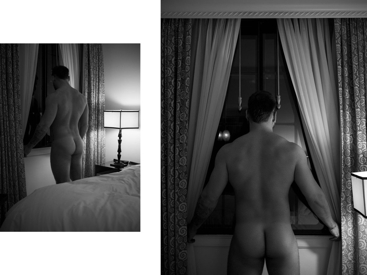 Spread 9 of 10 from Chateau Marmont: two photographs of a nude man standing at a curtained hotel window, seen from behind; black and white.
