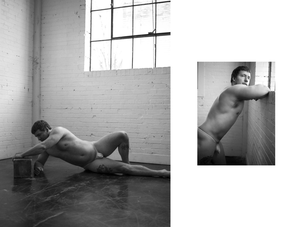 Spread 1 of 11 from Brick by Brick: two photographs of a man in a jockstrap, reclining on a brick floor and leaning against a wall; black and white.