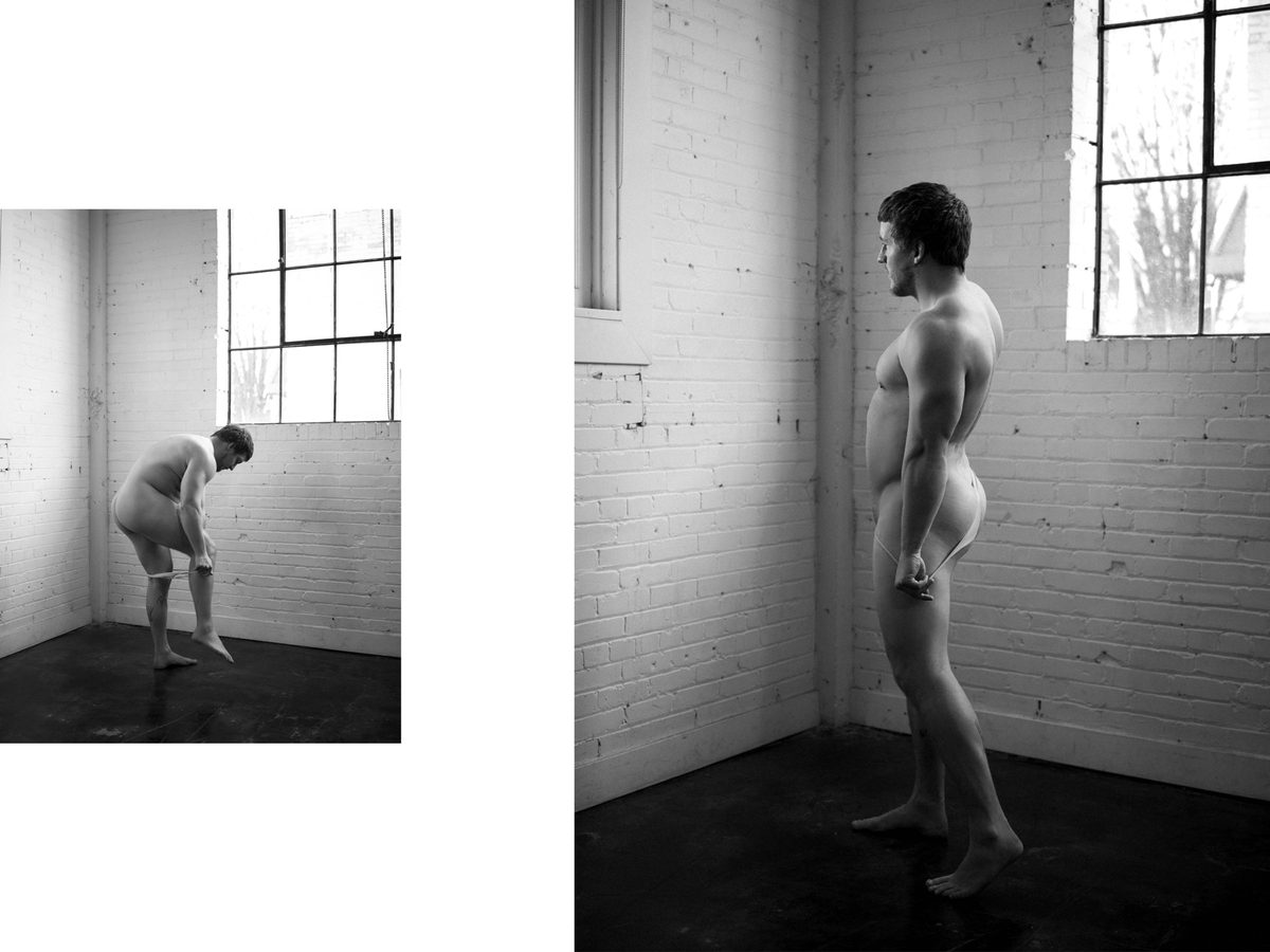 Spread 3 of 11 from Brick by Brick: two photographs of a nude man against a brick wall, bending to remove briefs and standing in profile; black and white.