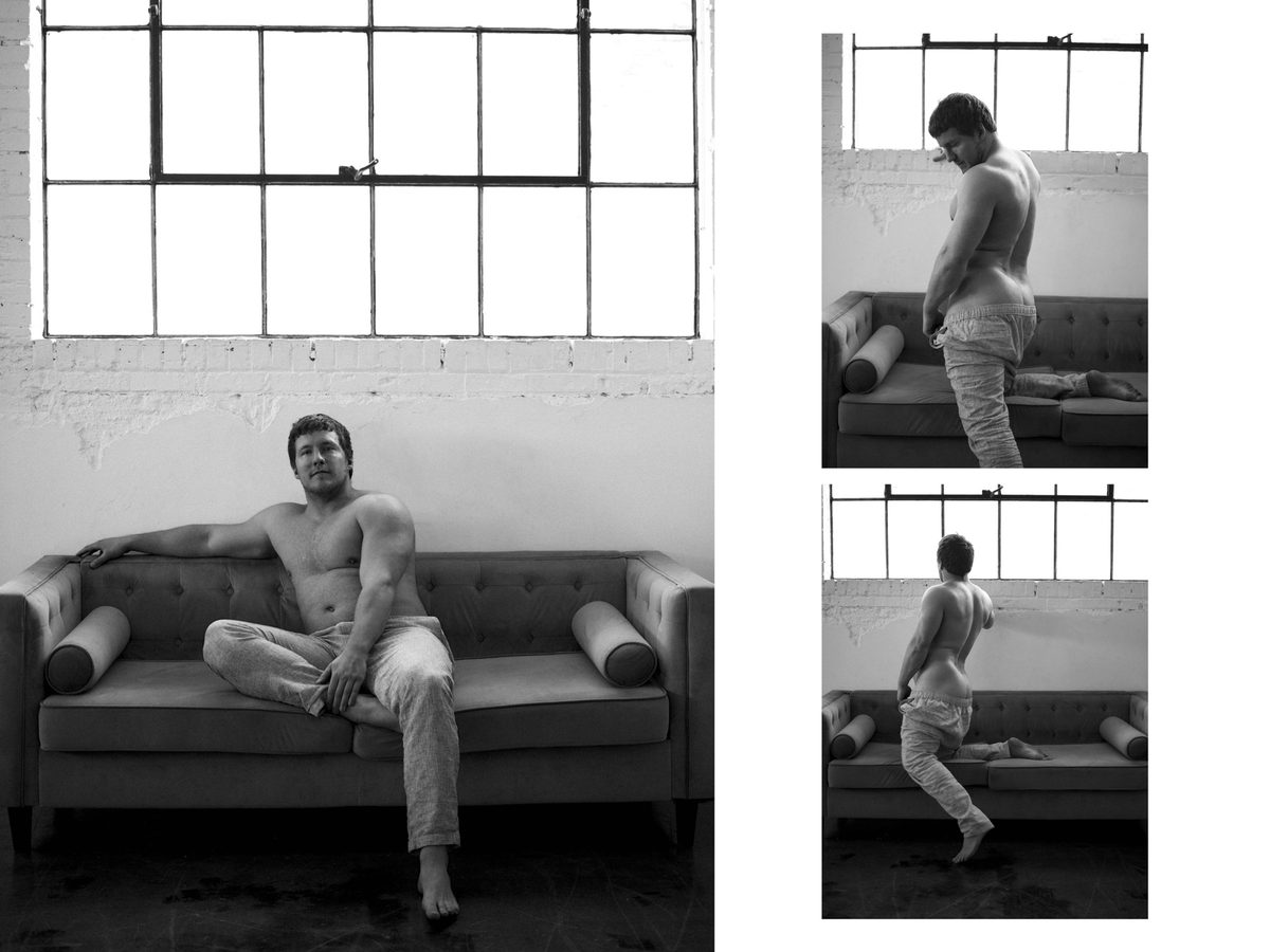 Spread 6 of 11 from Brick by Brick: three photographs of a man in pyjama trousers seated on a sofa and walking past a window; black and white.