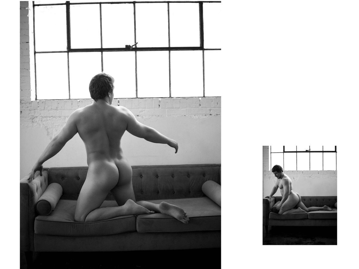 Spread 8 of 11 from Brick by Brick: two photographs of a nude man kneeling on a sofa, seen from behind, reaching toward the cushions; black and white.
