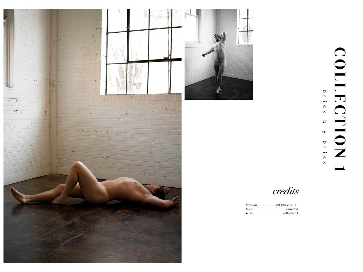 Spread 11 of 11 from Brick by Brick: a nude man lies on a concrete floor, beside the collection's title and credits; black and white.