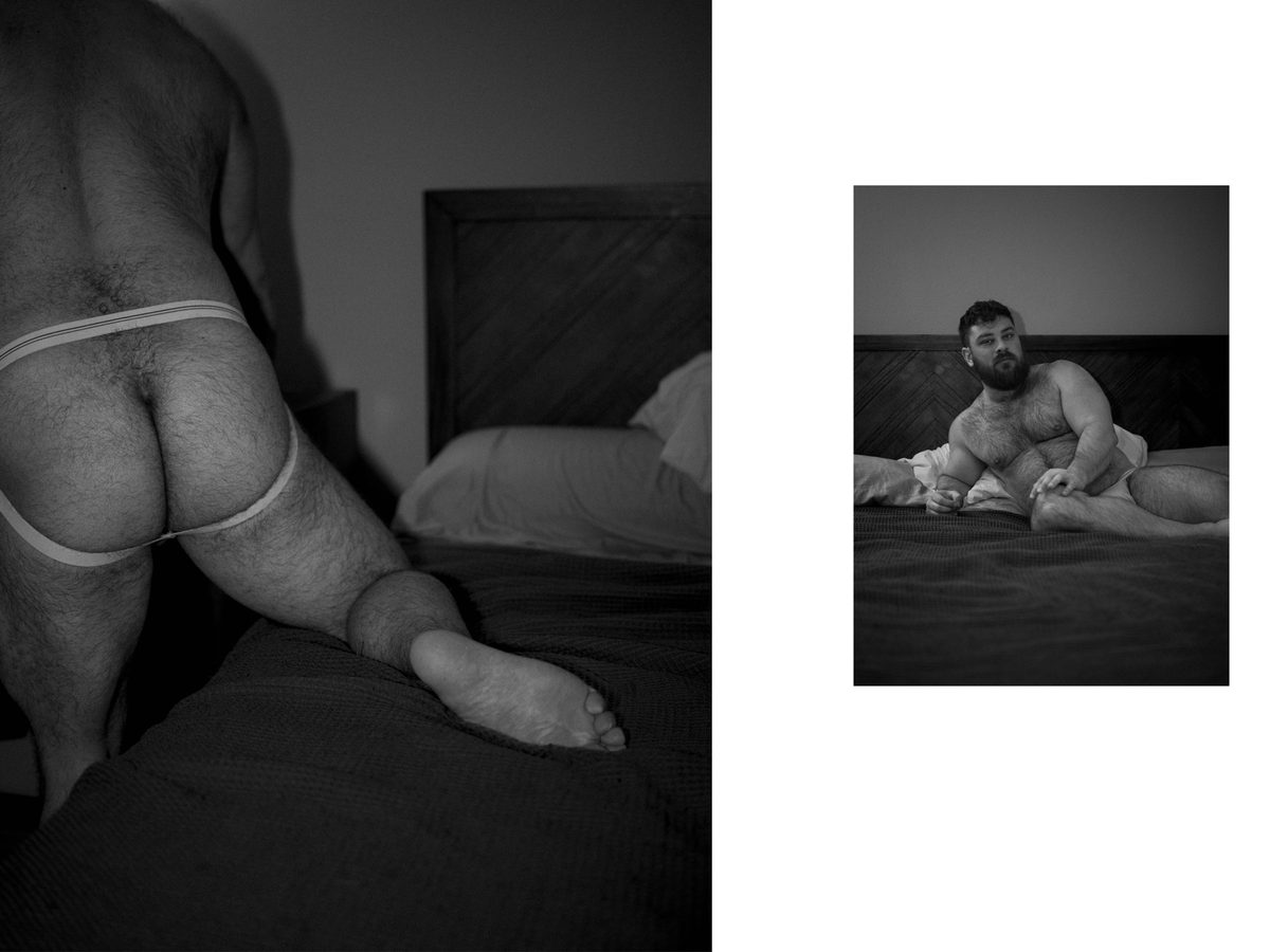 Spread 1 of 10 from Bear Bottom: two photographs of a heavyset, bearded man in a jockstrap, kneeling on a bed and reclining against pillows; black and white.