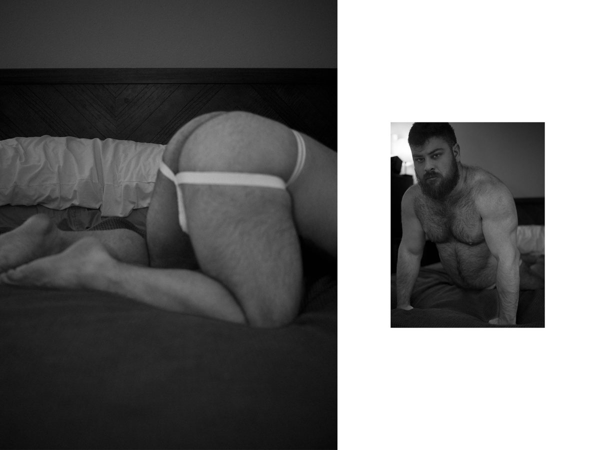 Spread 3 of 10 from Bear Bottom: two photographs of a heavyset, bearded man in a jockstrap, curled on a bed and kneeling; black and white.