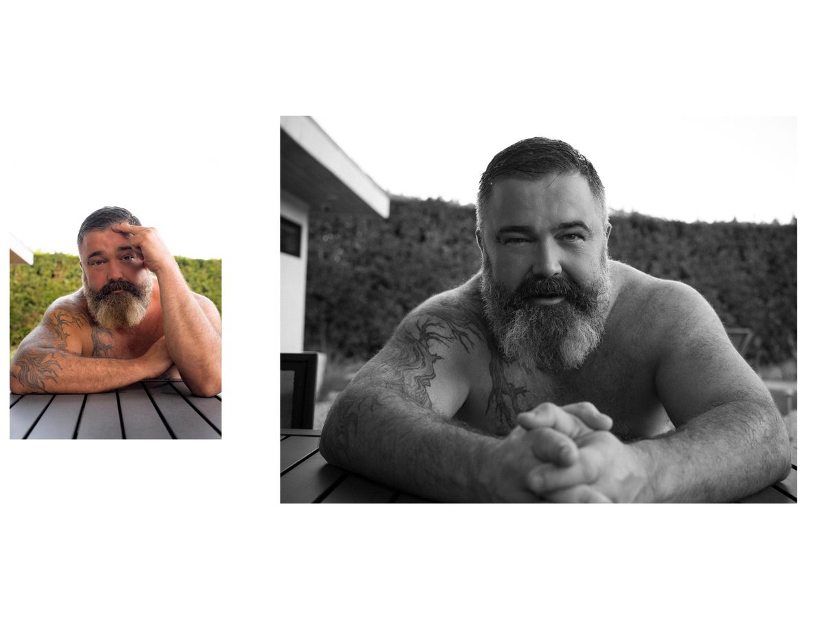Spread 5 of 10: two photographs of a bearded, tattooed man leaning on an outdoor table, close and wider views; black and white.