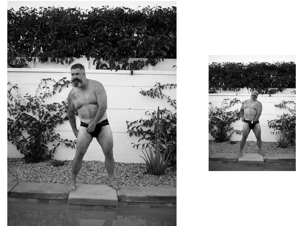 Spread 8 of 10: two photographs of a bearded man in briefs standing outdoors among plants; colour and black and white.