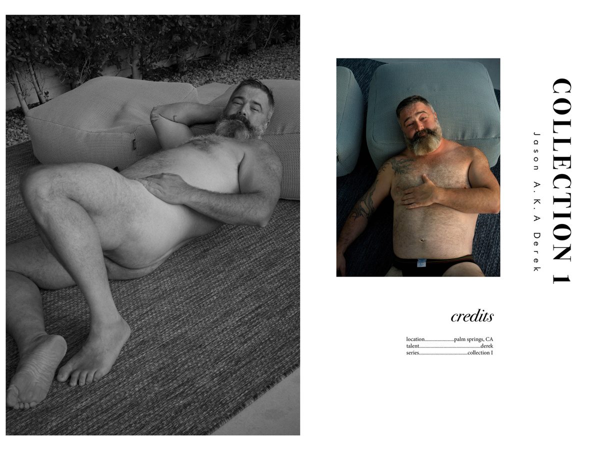 Spread 10 of 10: two photographs of a bearded man lying on an outdoor rug, beside the collection's title and credits; black and white and colour.