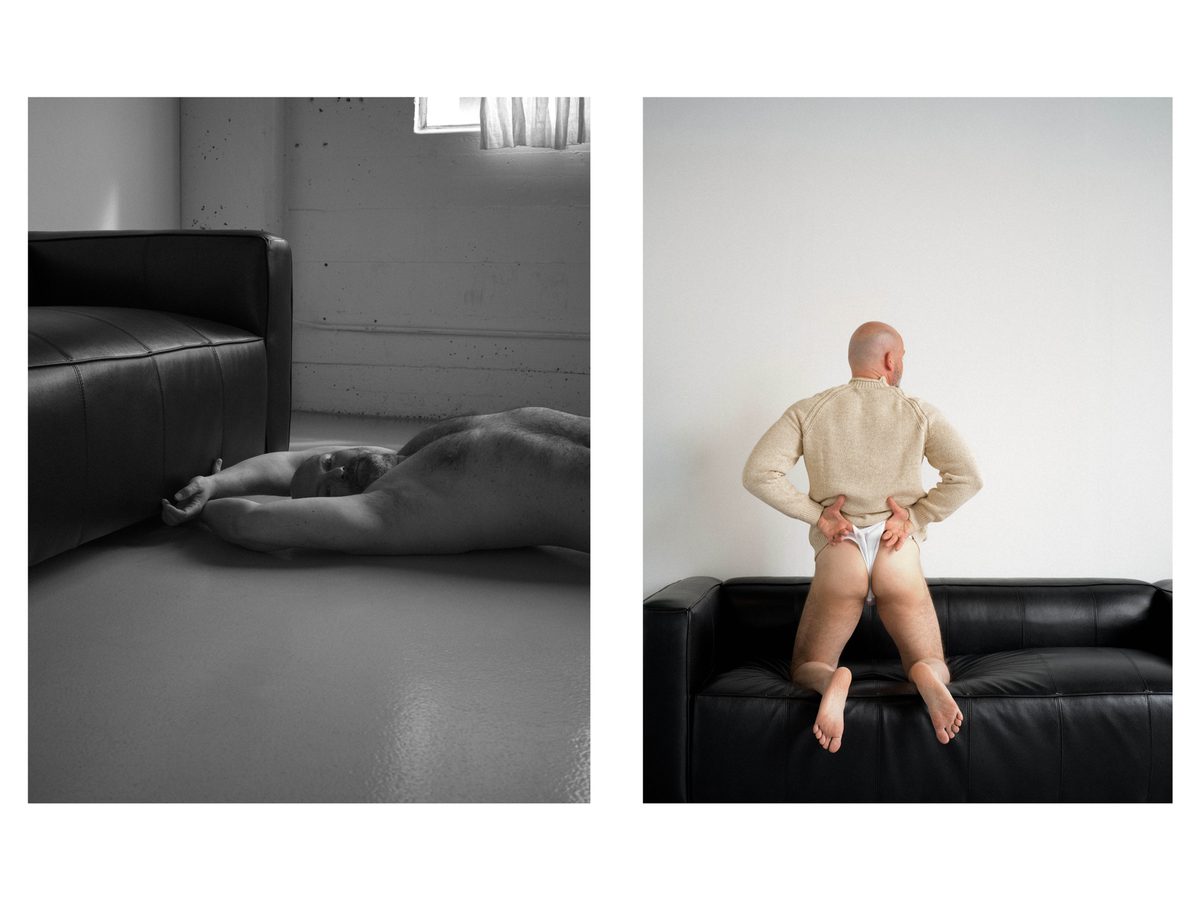 Spread 3 of 11 from Quiet Control: two photographs of a nude man, lying on the floor and seated on a sofa with hands behind his back; black and white.