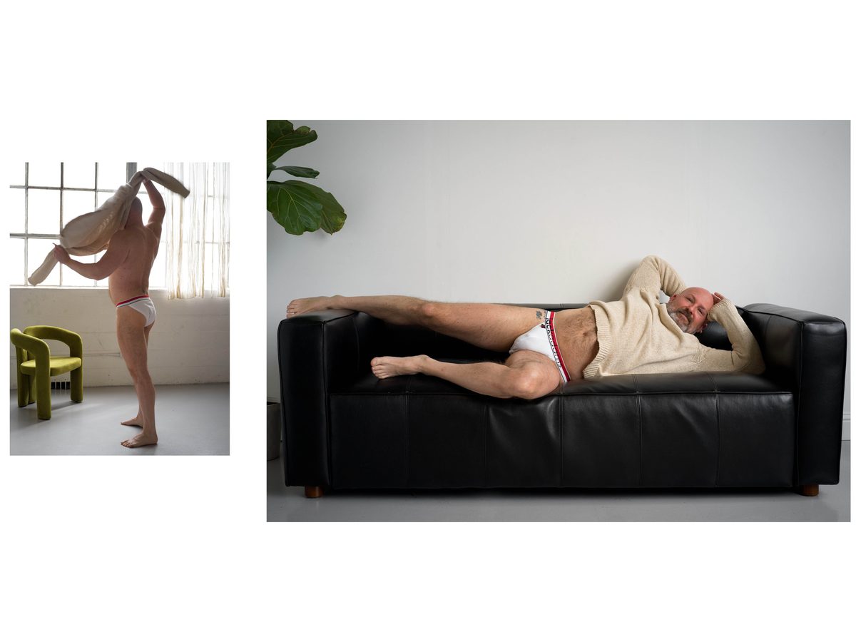 Spread 4 of 11 from Quiet Control: two photographs of a bald man in briefs, pulling a sweater overhead and reclining on a sofa; black and white.