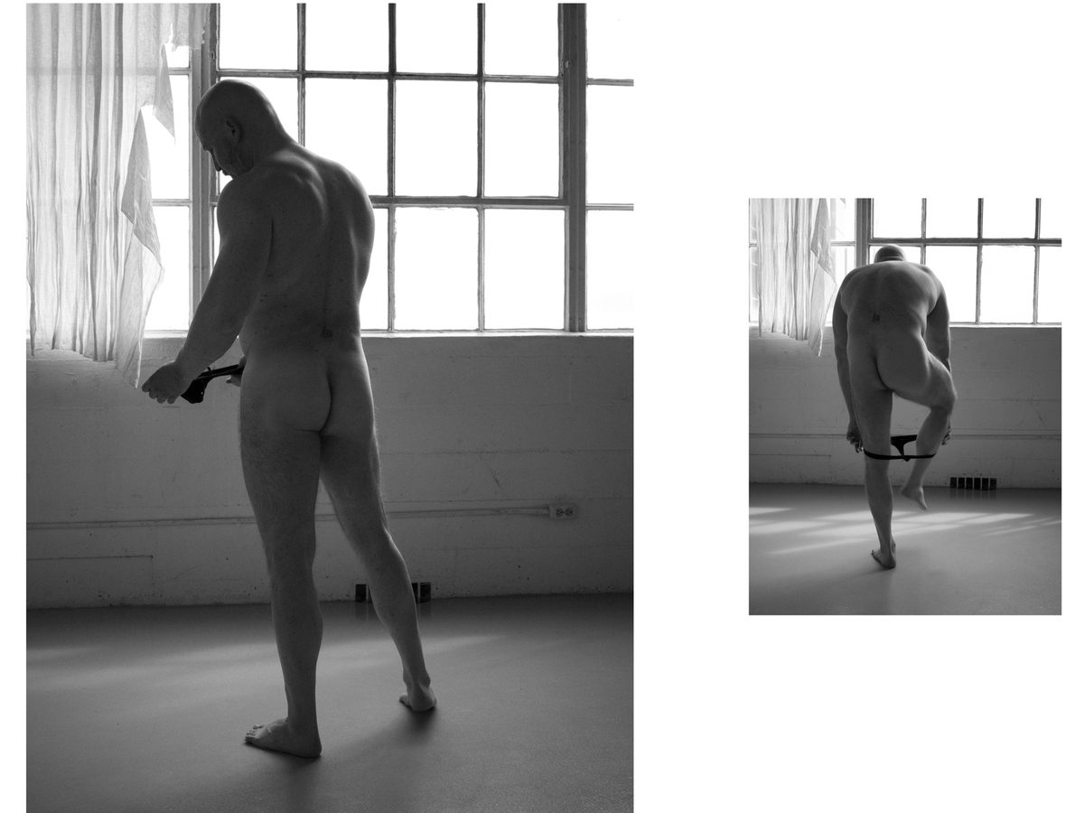 Spread 7 of 11 from Quiet Control: two photographs of a bald man at a window, holding a belt and bending to remove a thong; black and white.