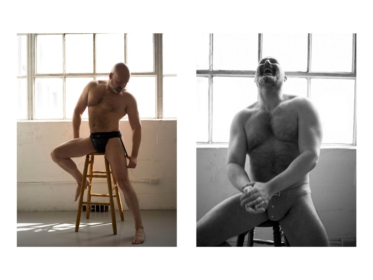 Spread 10 of 11 from Quiet Control: two photographs of a bald man in a leather jockstrap, seated on a stool and a close detail; black and white.
