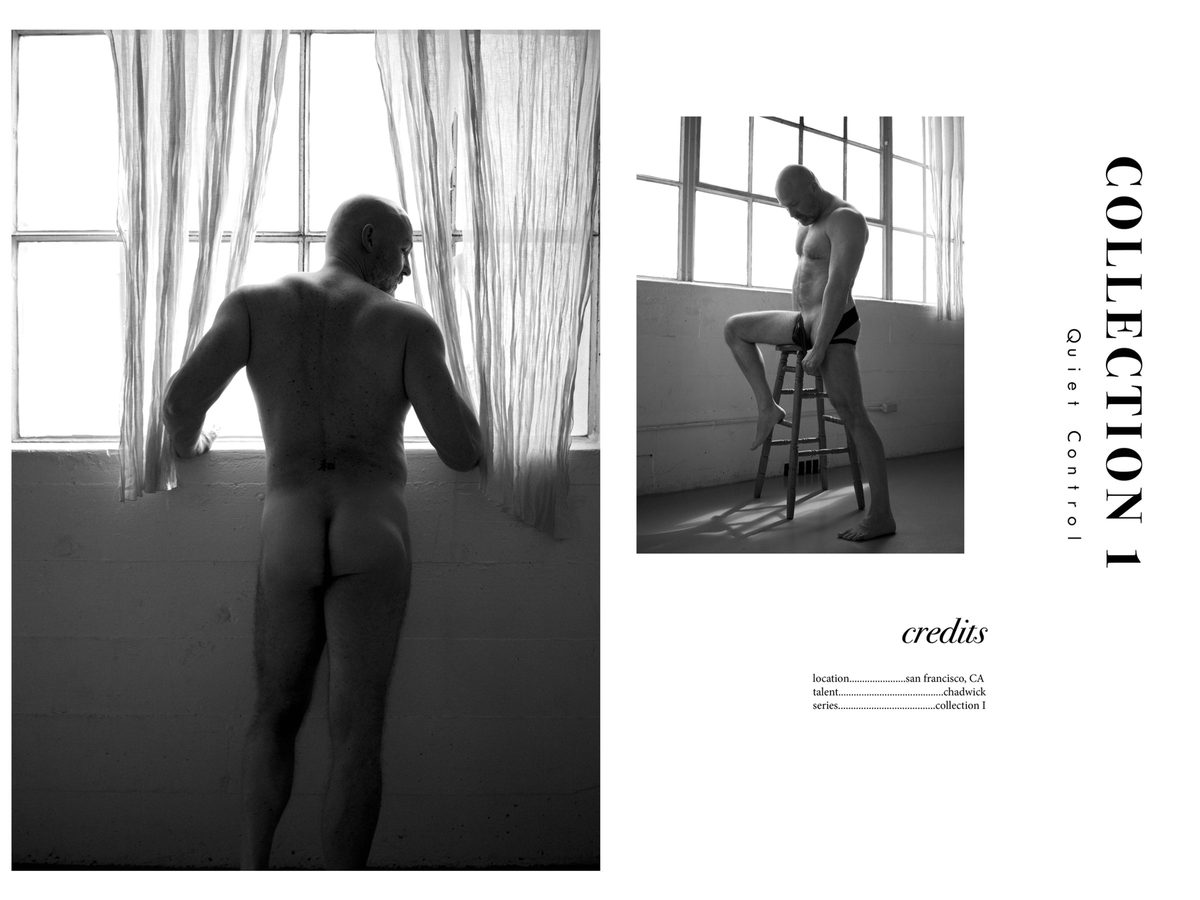 Spread 11 of 11 from Quiet Control: a nude man stands at a curtained window, seen from behind, beside the collection's title and credits; black and white.