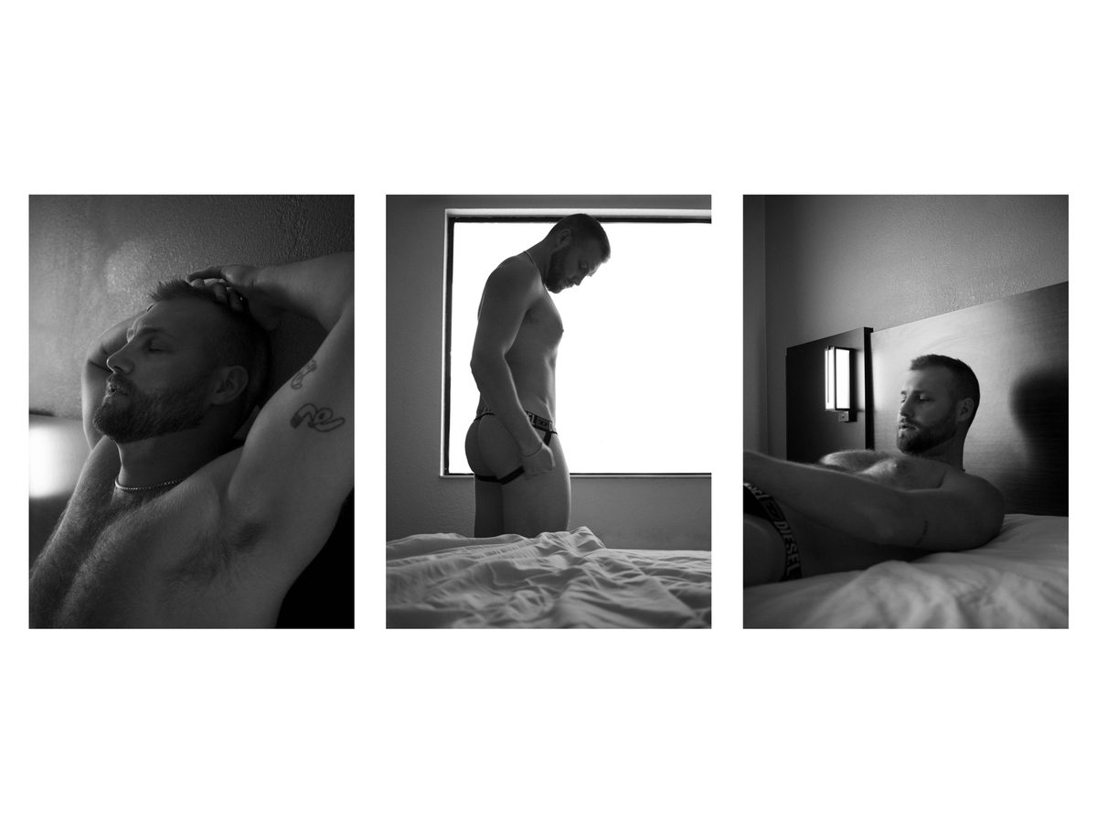 Spread 4 of 11 from Motel 6: three photographs of a bearded man, a close portrait, standing in a jockstrap, and lying on a bed; black and white.