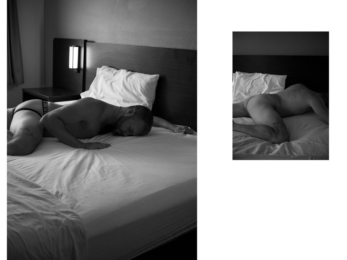 Spread 5 of 11 from Motel 6: two photographs of a nude man lying face down on a motel bed; black and white.