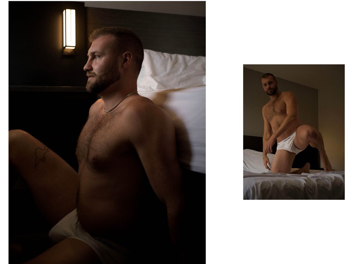 Spread 7 of 11 from Motel 6: two photographs of a bearded man in briefs, seated on a motel bed in motion blur and kneeling; colour.