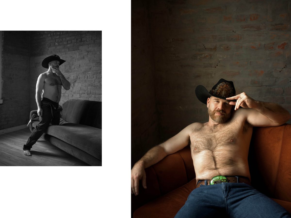 Spread 1 of 11 from DJ Easy: two photographs of a bearded man in a cowboy hat, bare-chested on a sofa and leaning against it; black and white and colour.