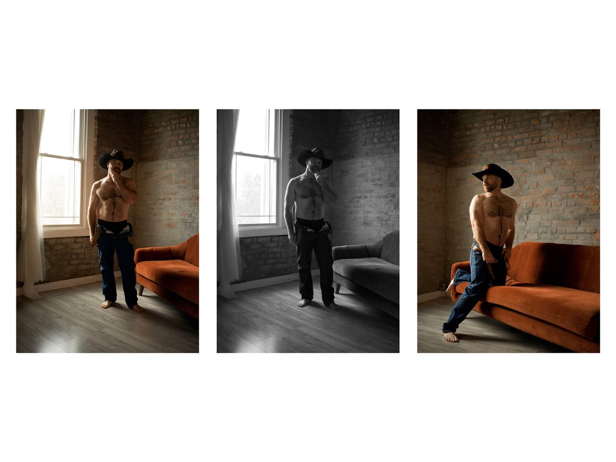 Spread 2 of 11 from DJ Easy: three photographs of a bearded man in a cowboy hat and jeans, standing bare-chested by a window; colour.