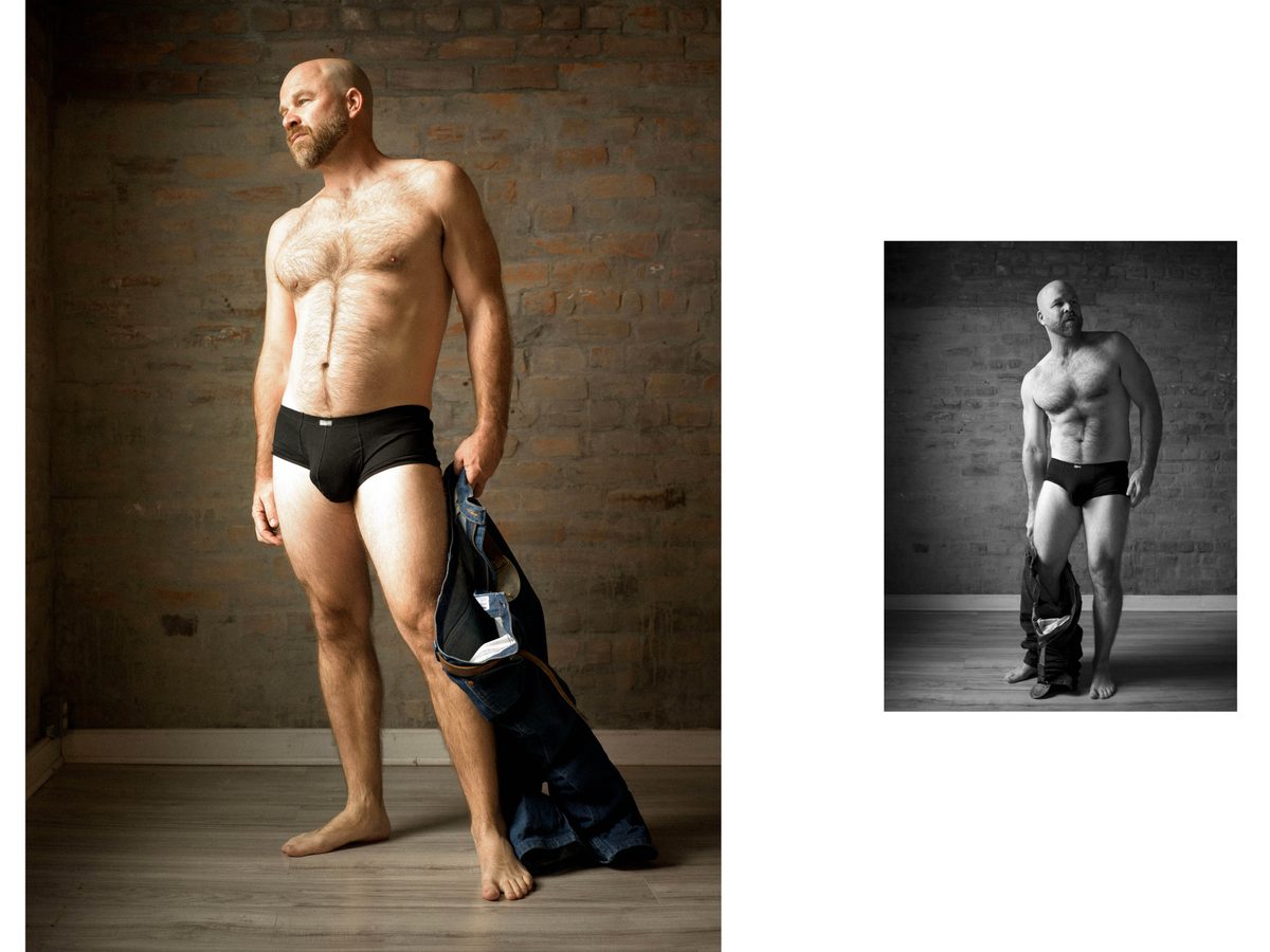 Spread 3 of 11 from DJ Easy: two photographs of a bald, bearded man in briefs, standing and holding jeans over his arm; colour and black and white.