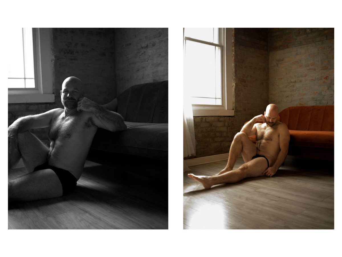 Spread 5 of 11 from DJ Easy: two photographs of a bald, bearded man in briefs, seated on the floor against a sofa; black and white and colour.
