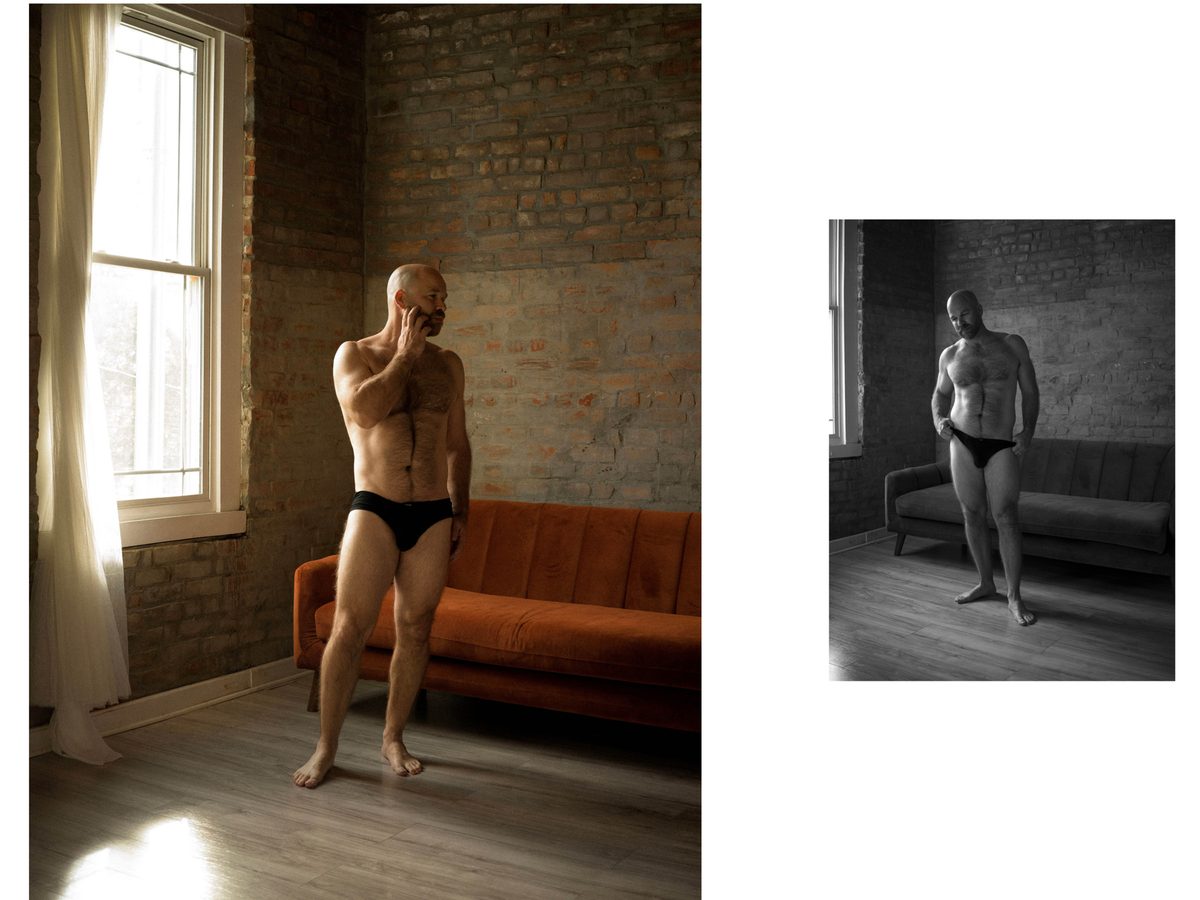 Spread 7 of 11 from DJ Easy: two photographs of a bald, bearded man in briefs, standing by a window with hand at his chin; colour and black and white.