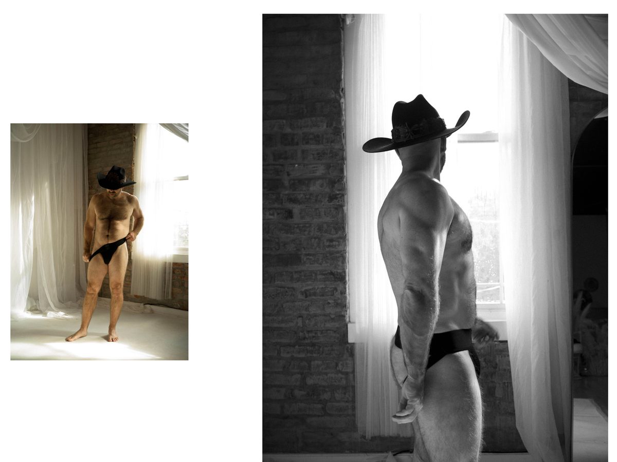 Spread 8 of 11 from DJ Easy: two photographs of a bearded man in a cowboy hat, standing bare-chested at a curtained window; colour and black and white.