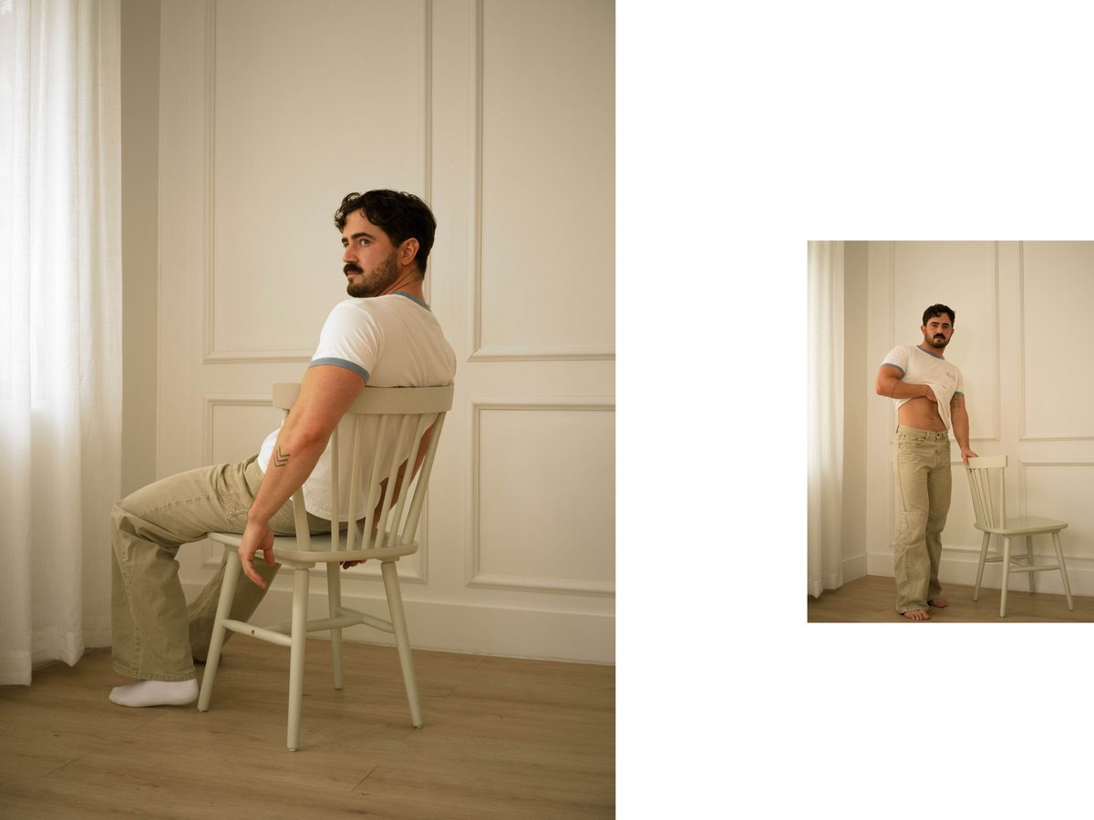 Spread 1 of 11 from Good Boy Supply: two photographs of a moustached man in a tank top, seated on a chair and standing with arms crossed; colour.