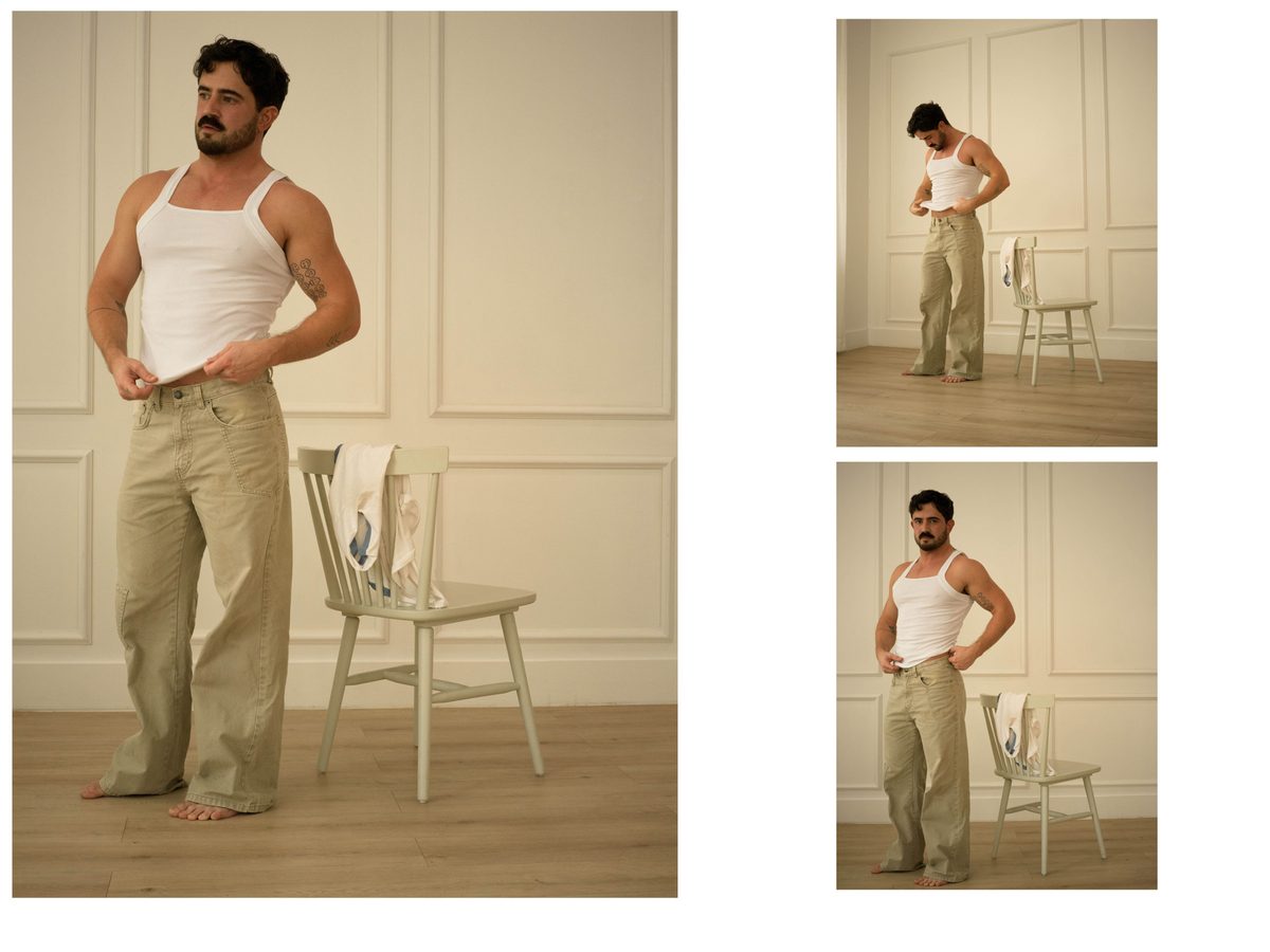 Spread 3 of 11 from Good Boy Supply: three photographs of a moustached man in a tank top, adjusting it while standing in a panelled room; colour.
