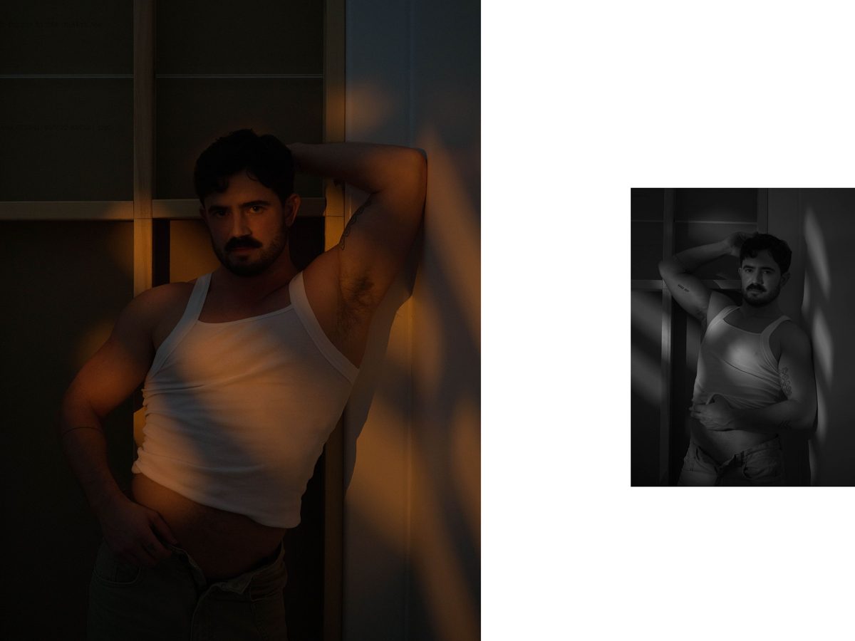 Spread 5 of 11 from Good Boy Supply: two photographs of a moustached man in a tank top, leaning in dramatic shadow; colour and black and white.
