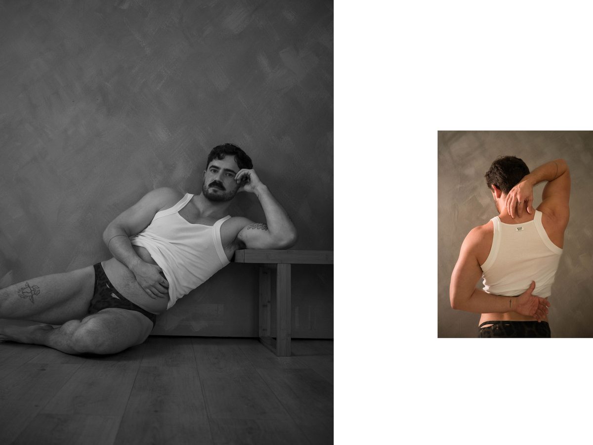 Spread 9 of 11 from Good Boy Supply: two photographs of a moustached man in a tank top and briefs, reclining and a close portrait from behind; black and white.
