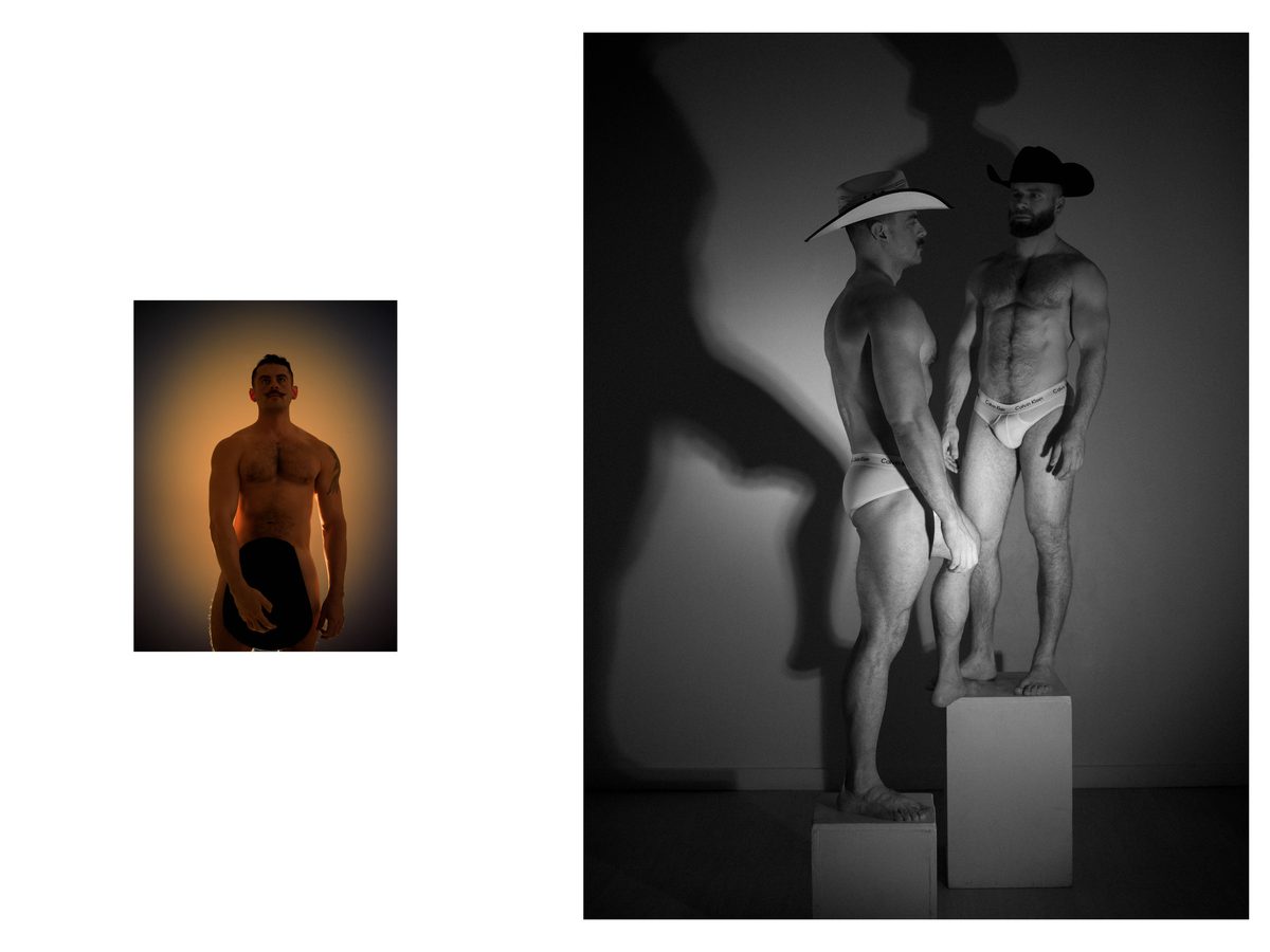Spread 3 of 15 from Tension: two photographs of two men in cowboy hats and briefs, standing close on a pedestal; black and white.
