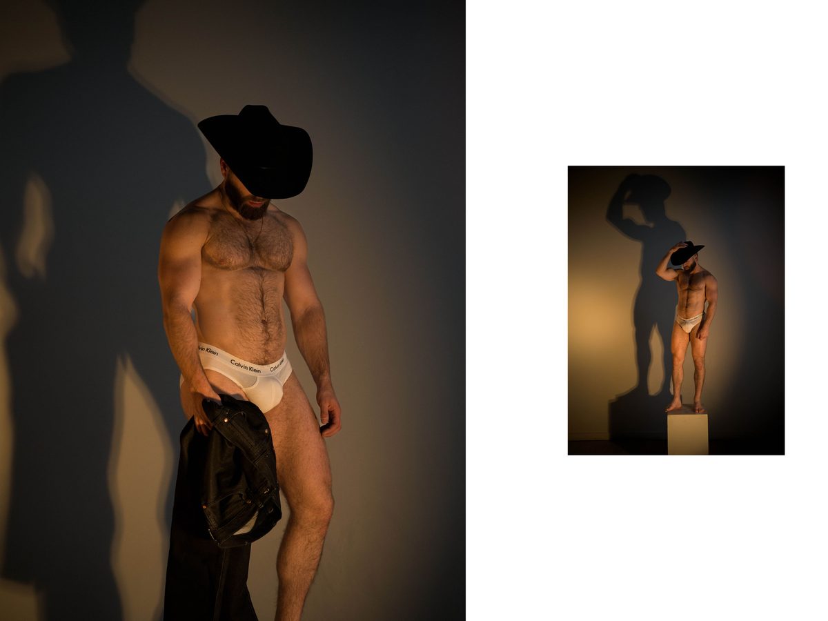 Spread 4 of 15 from Tension: two photographs of a bearded man in a cowboy hat and jockstrap, holding a jacket, dramatic shadow; black and white.