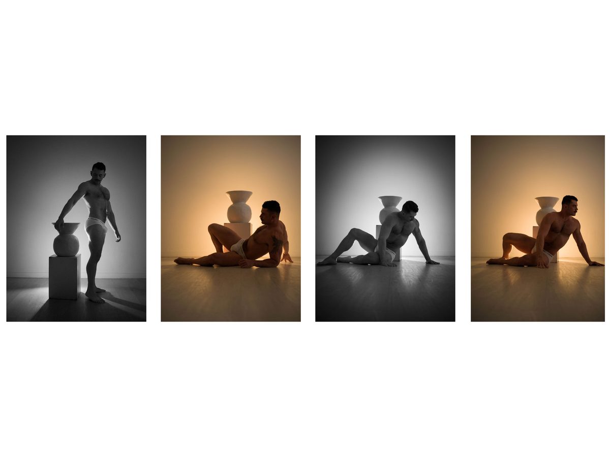 Spread 7 of 15 from Tension: four photographs of two men in briefs posed together beside a sculptural vase, standing and seated; black and white and colour.