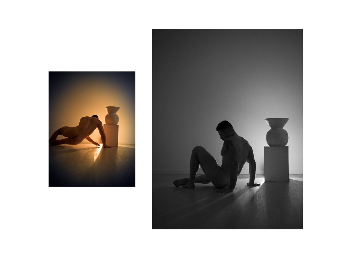Spread 10 of 15 from Tension: two photographs of a nude man seated on the floor beside a sculptural vase; black and white.