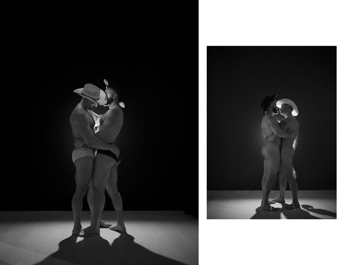 Spread 14 of 15 from Tension: two photographs of two men in briefs embracing closely, foreheads touching; black and white.