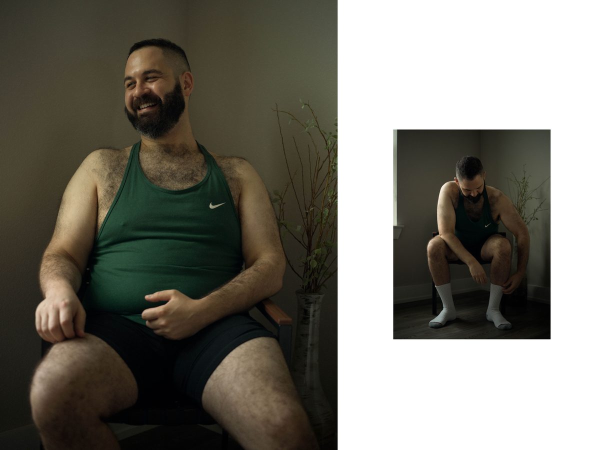 Spread 2 of 2 from Soft Purity: two photographs of a bearded man in a green tank top, smiling and seated with head down; colour.